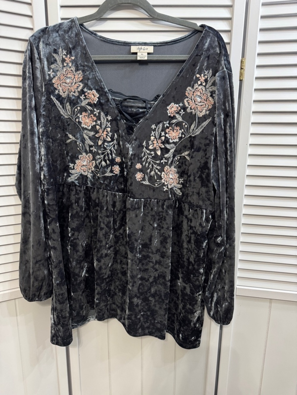 Style & Co. Charcoal Velvet V-Neck Tunic with Pink Floral Embroidery